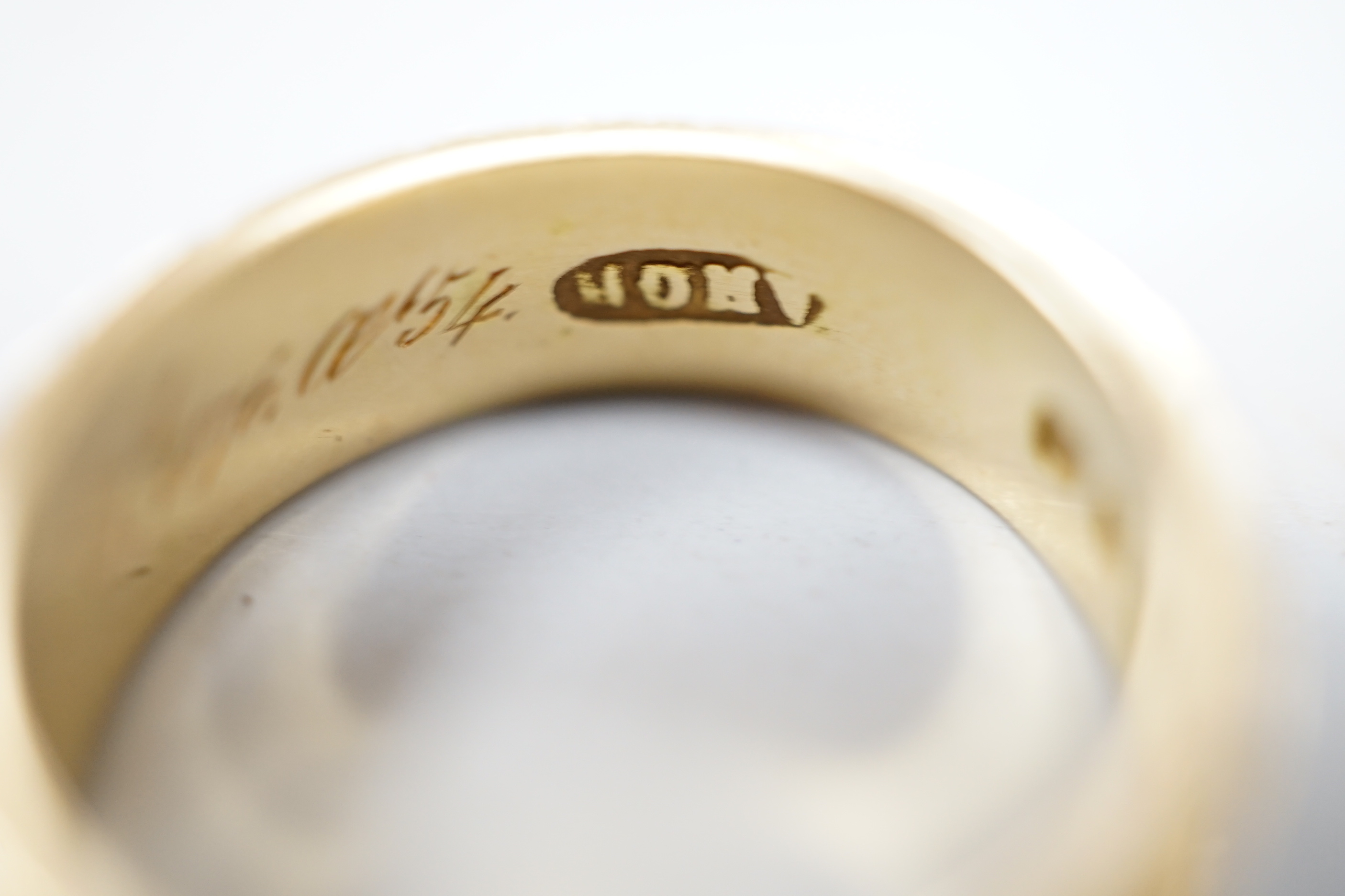 A Victorian 18ct gold and black enamel 'In Memoriam' band, inscribed ' Edwr John Lewis obt 5th April 1876, at 54', size N, gross weight 4 grams.